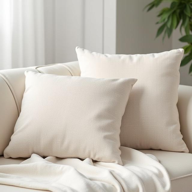 Handgewebte Leinen-Kissenbezüge mit subtilem Fischgrätmuster auf einem Sofa.